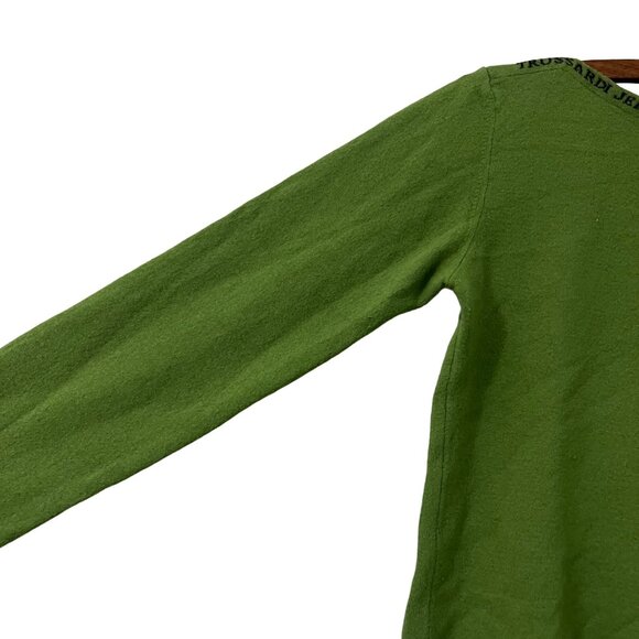 Trussardi Jeans Womens Green Wool Logo Spellout Boatneck Sweater Size Medium - Picture 2 of 5